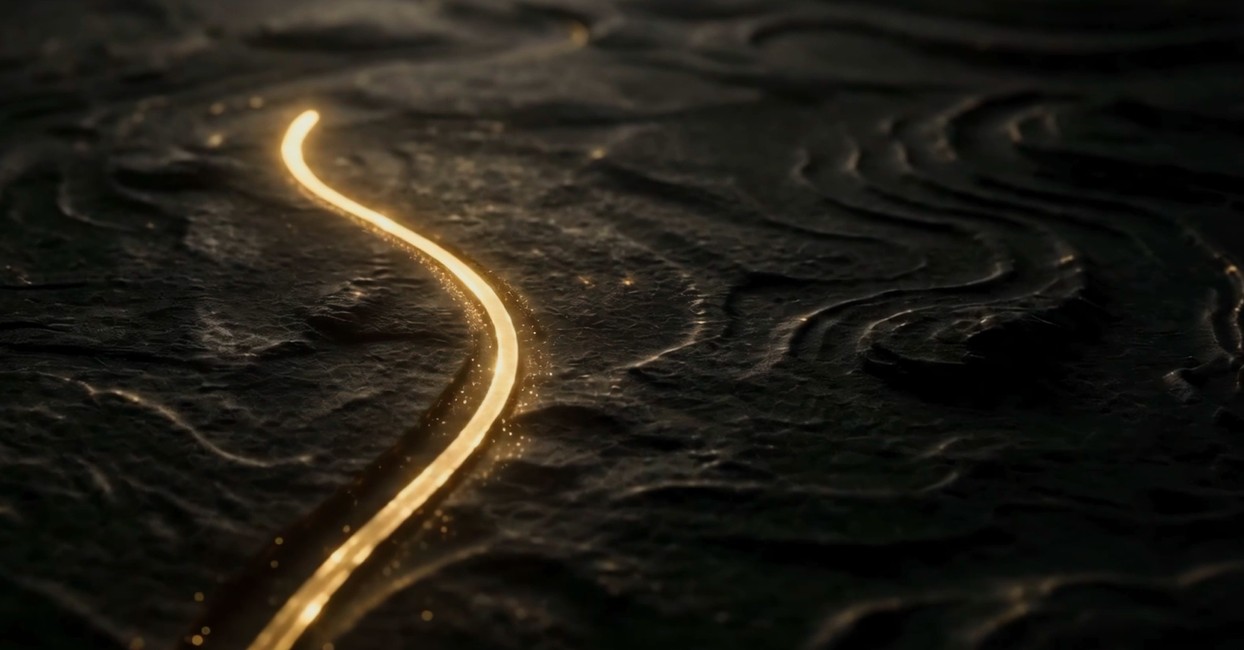 A golden path across dark textured soil